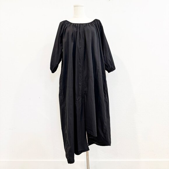 Apiece Apart Asymmetrical Hem Cotton Poplin Puff Sleeve Midi Dress Black 0 XS - Picture 1 of 9